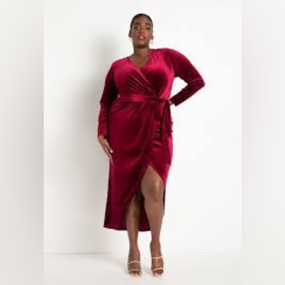 Eloquii Red Velvet Wrap Midi Dress - Long Sleeve
